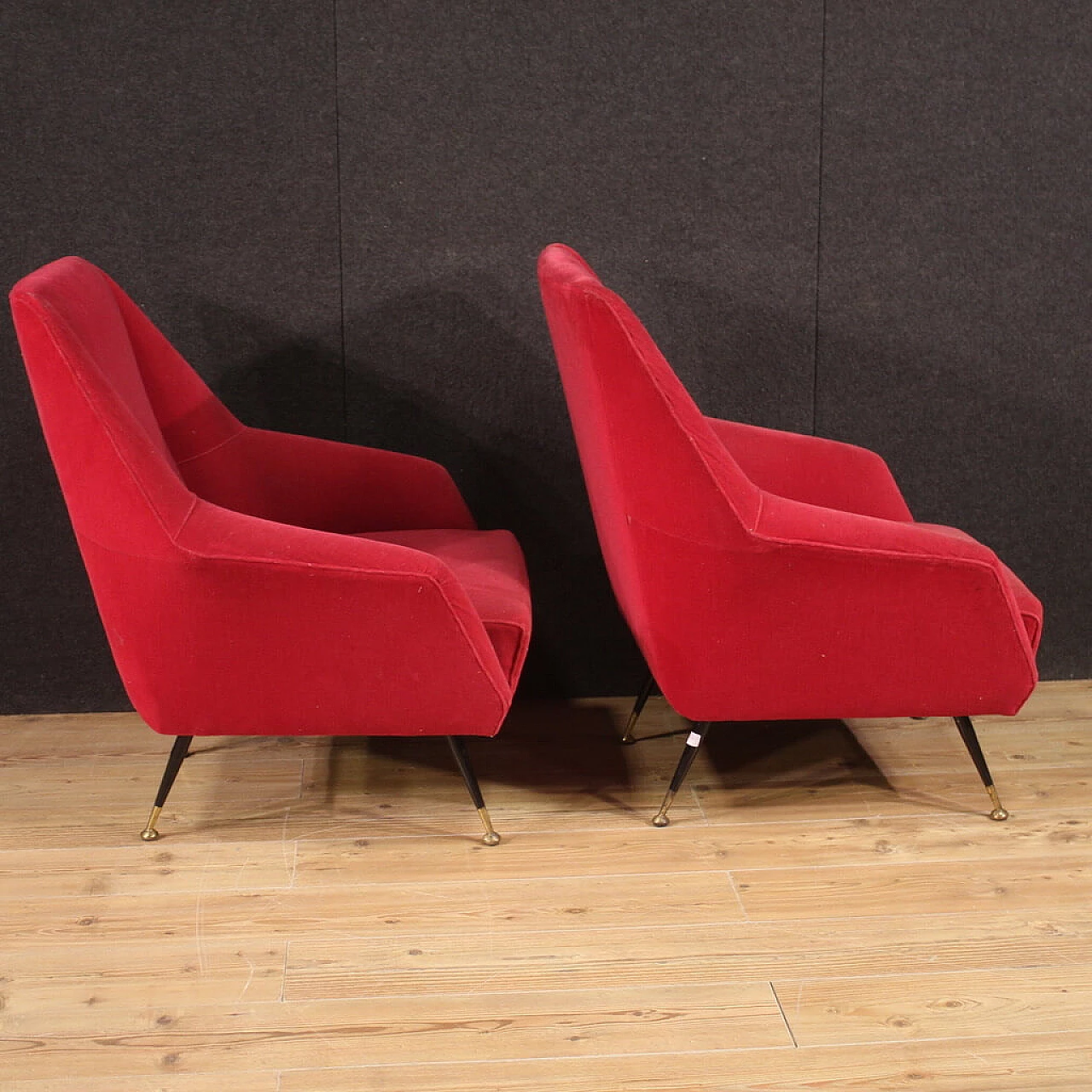 Pair of metal and red velvet armchairs, 1960s 8