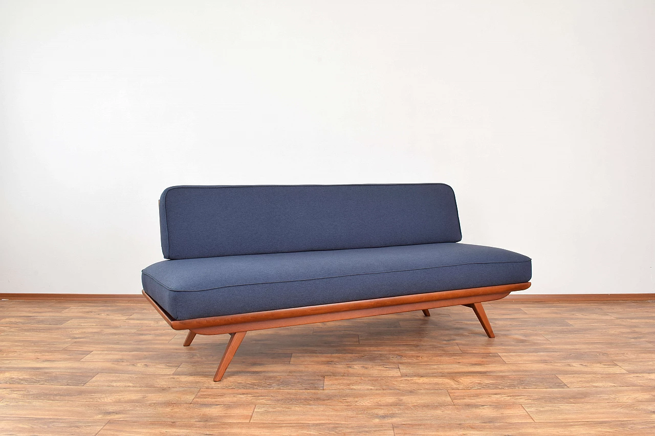 Mid-Century dormeuse in beech and graphite blue fabric, 1960s 1