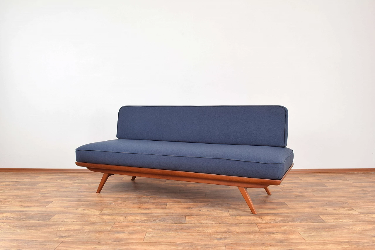 Mid-Century dormeuse in beech and graphite blue fabric, 1960s 2