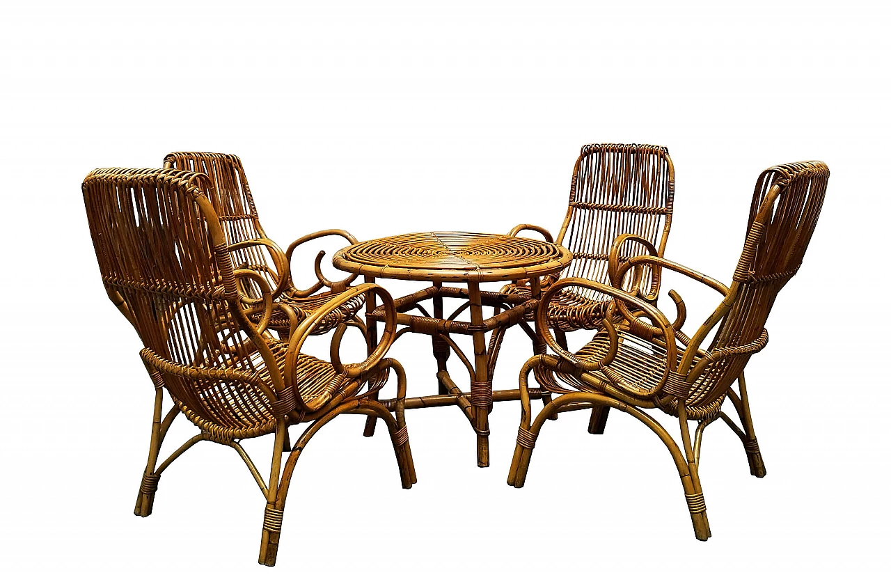 4 Rattan chairs and round table attributed to Franco Albini, 1960s 1