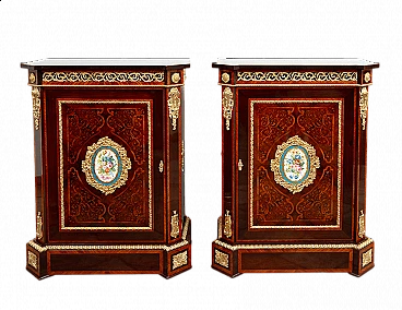 Pair of Napoleon III sideboards with porcelain details, 19th century
