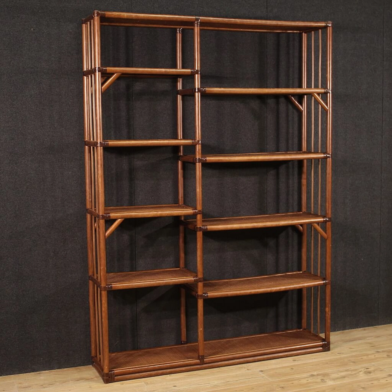 Centrepiece bookcase in exotic wood and rattan, 1970s 1