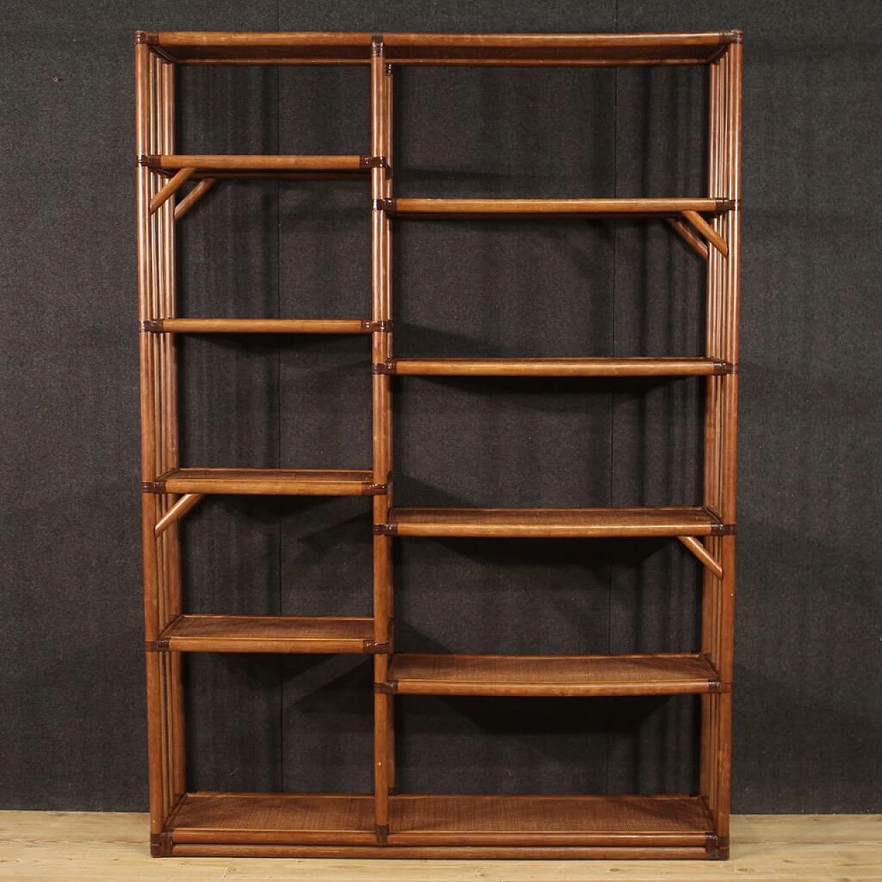 Centrepiece bookcase in exotic wood and rattan, 1970s 3