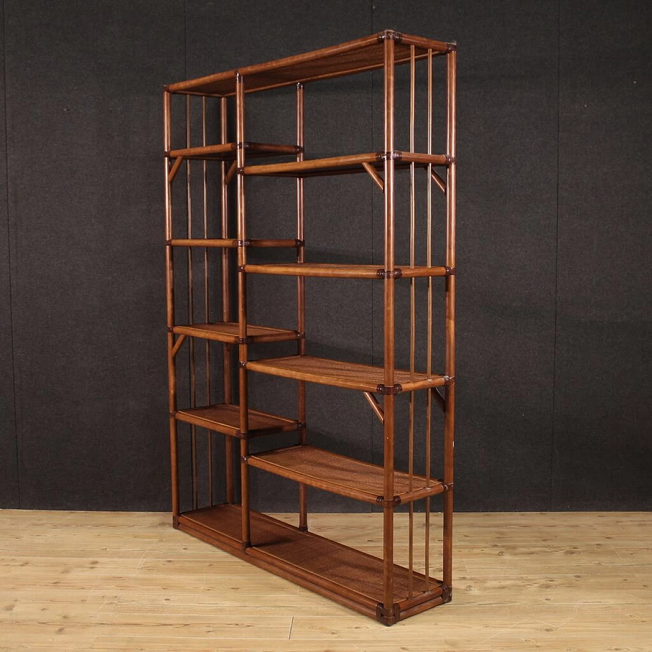 Centrepiece bookcase in exotic wood and rattan, 1970s 4