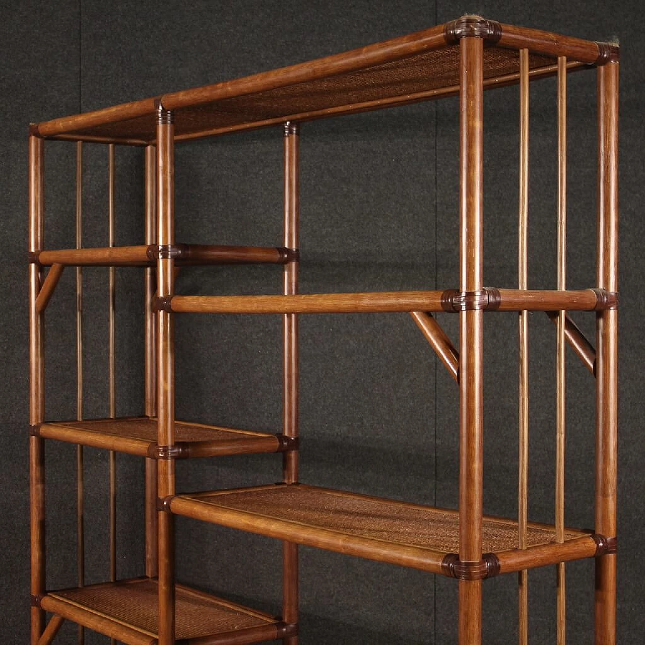 Centrepiece bookcase in exotic wood and rattan, 1970s 5