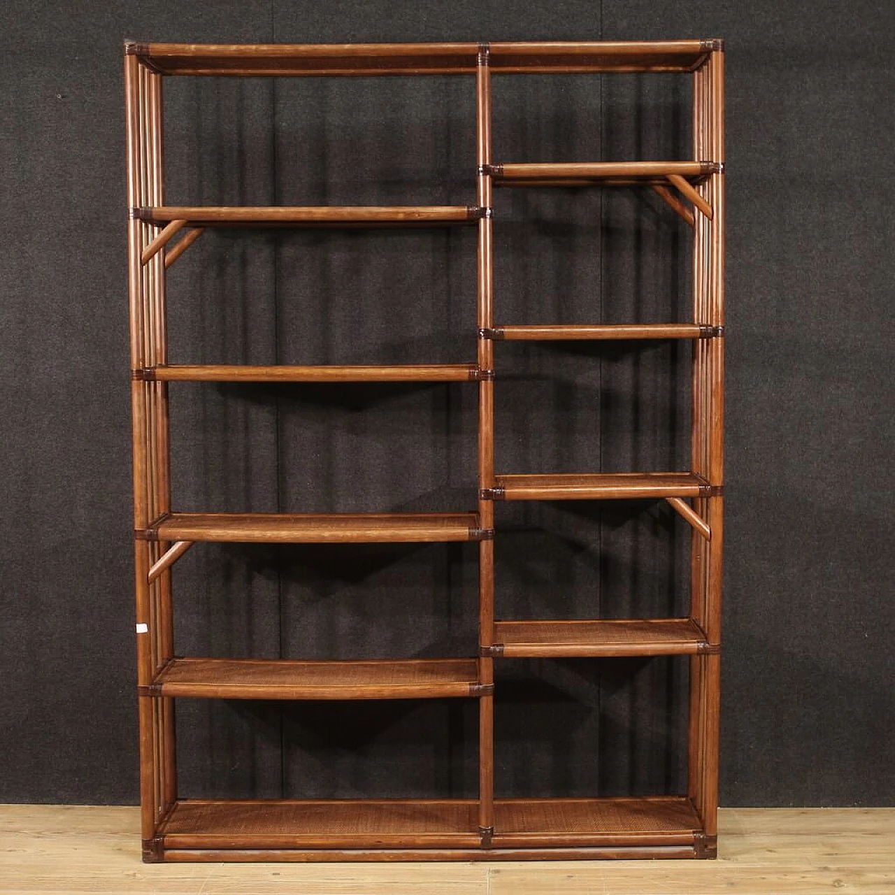 Centrepiece bookcase in exotic wood and rattan, 1970s 7