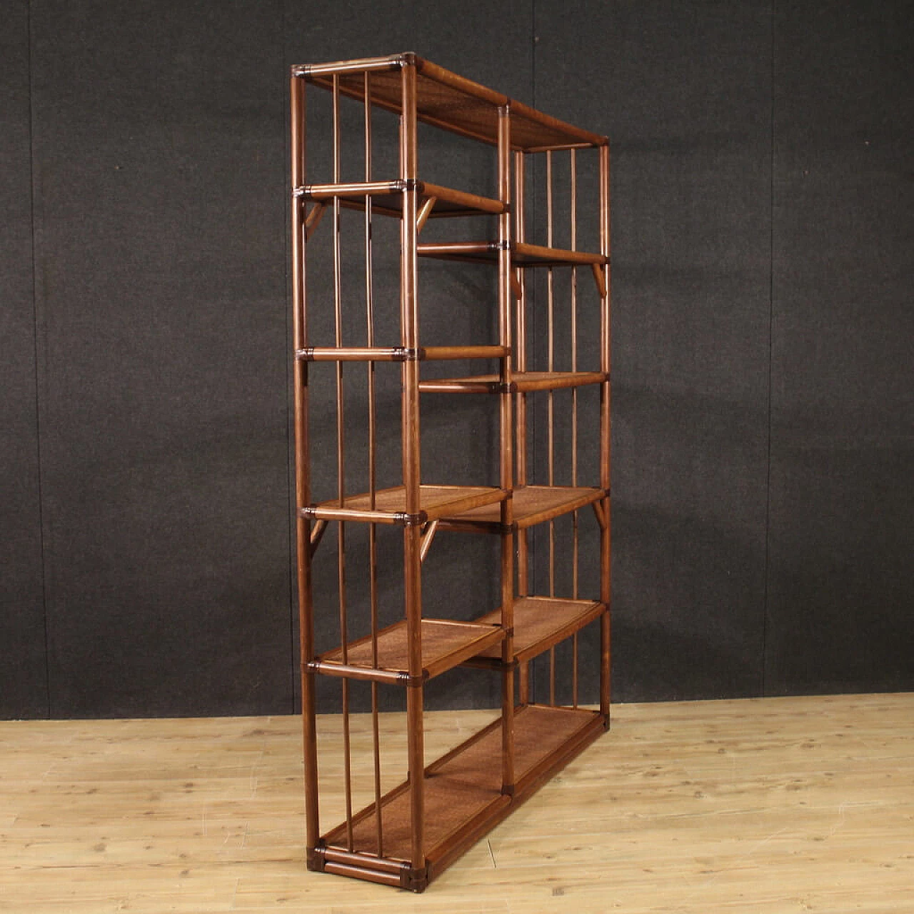 Centrepiece bookcase in exotic wood and rattan, 1970s 8