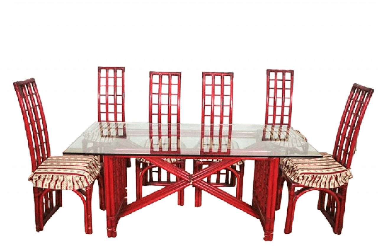 6 Sedie e tavolo in bambù rosso di Arturo Pozzoli, anni '80 1470736