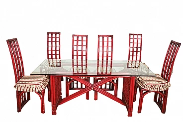 6 Sedie e tavolo in bambù rosso di Arturo Pozzoli, anni '80