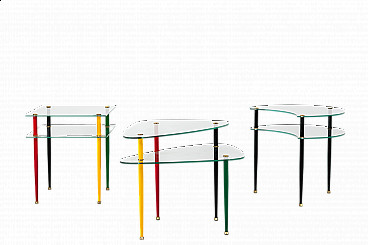 3 Arlecchino coffee tables in glass and metal by Edoardo Paoli, 1950s