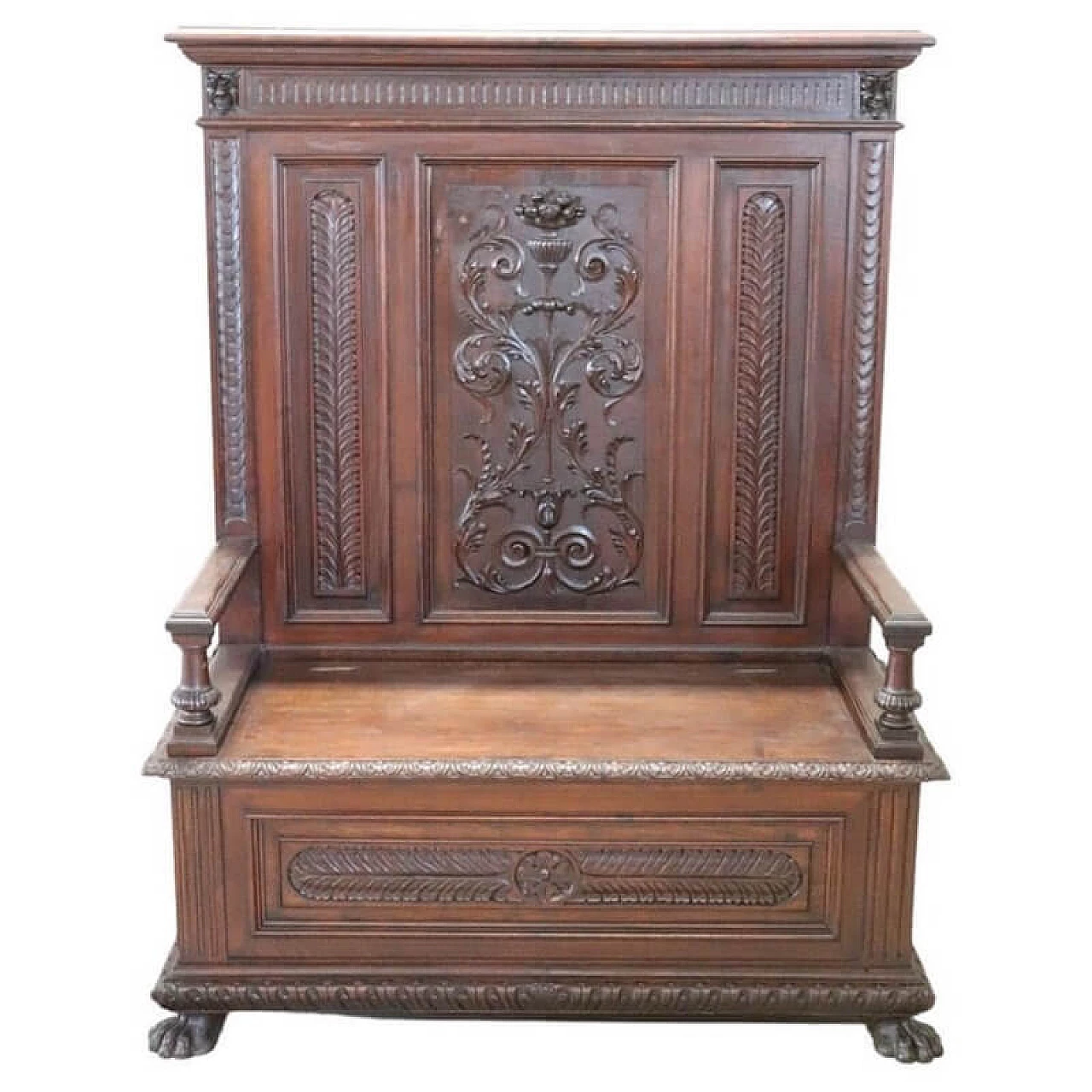 Renaissance style carved walnut bench, late 19th century 1