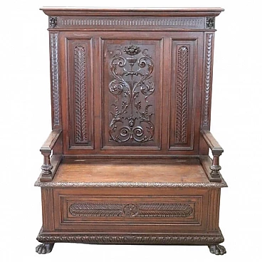 Renaissance style carved walnut bench, late 19th century