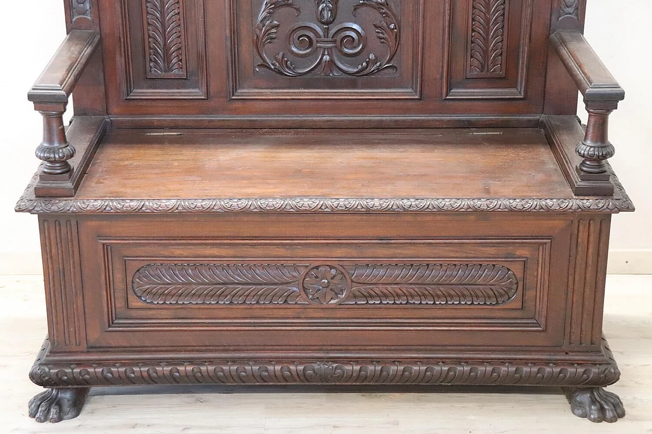 Renaissance style carved walnut bench, late 19th century 2