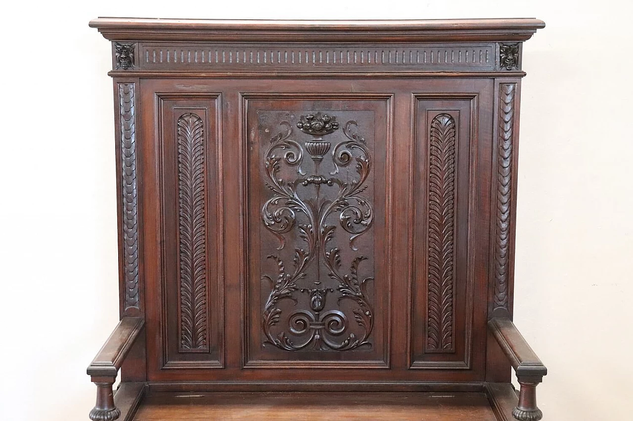 Renaissance style carved walnut bench, late 19th century 3