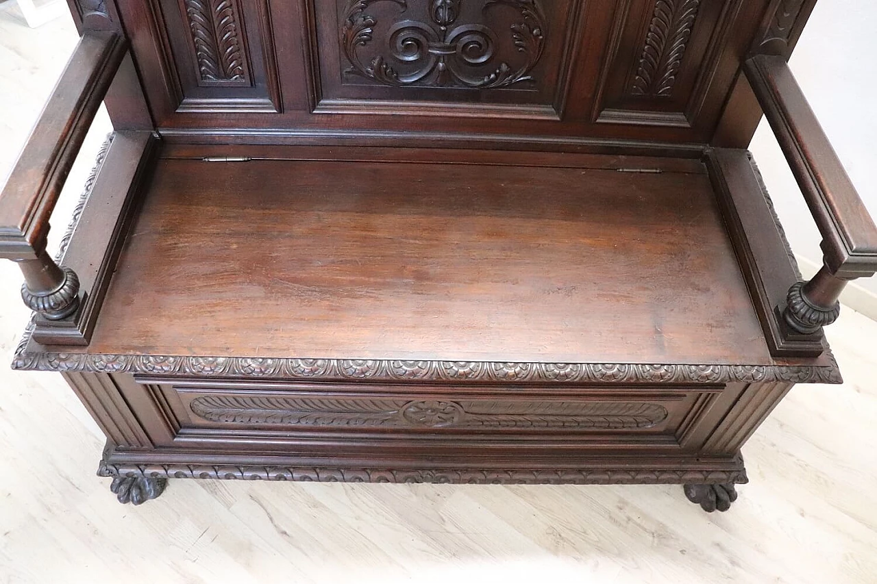 Renaissance style carved walnut bench, late 19th century 7