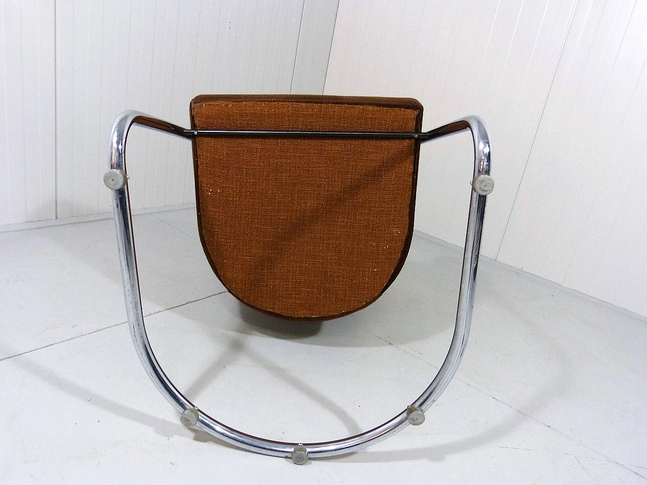 Ribbed fabric armchair with chrome-plated tubular frame and beech armrests, 1950s 1
