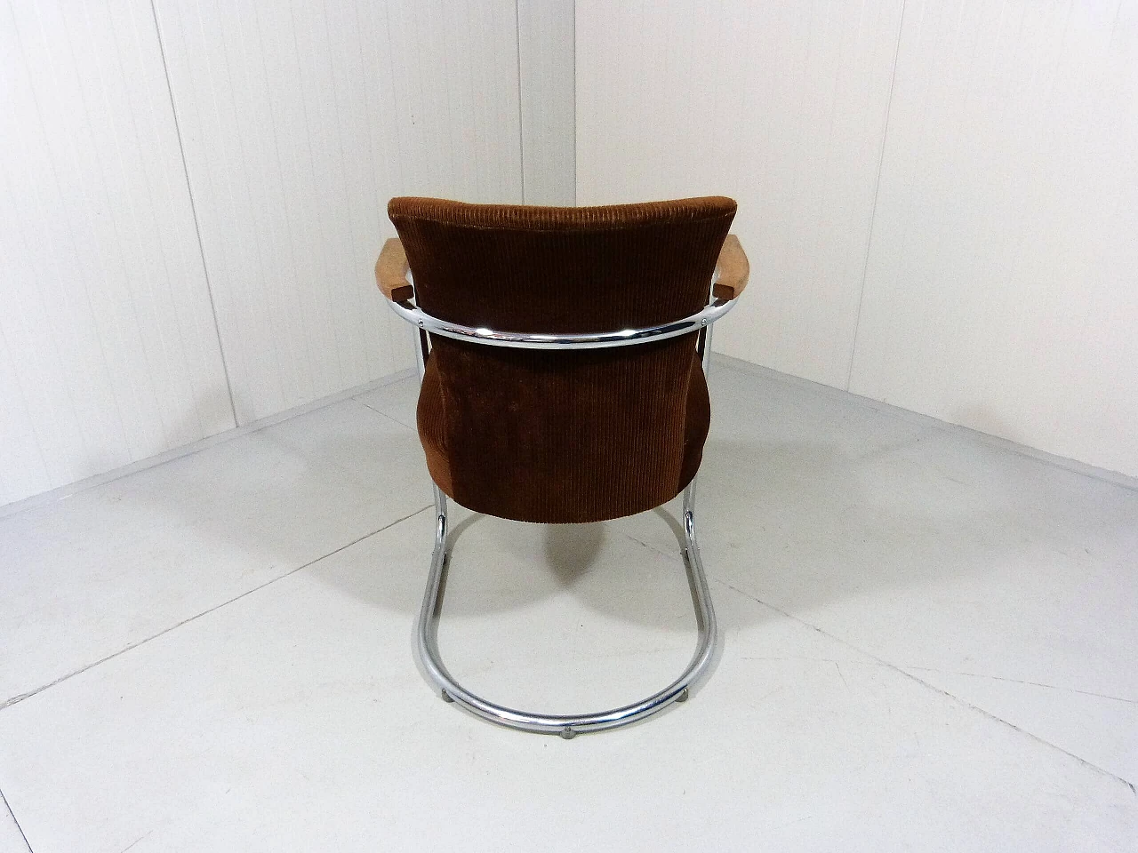 Ribbed fabric armchair with chrome-plated tubular frame and beech armrests, 1950s 5