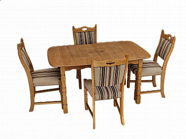 4 Sedie danesi in legno di quercia e lana con tavolo in rovere, anni '70