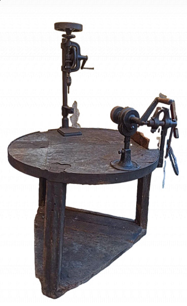 Workshop bench with vice, drill and grinding wheel, late 19th century