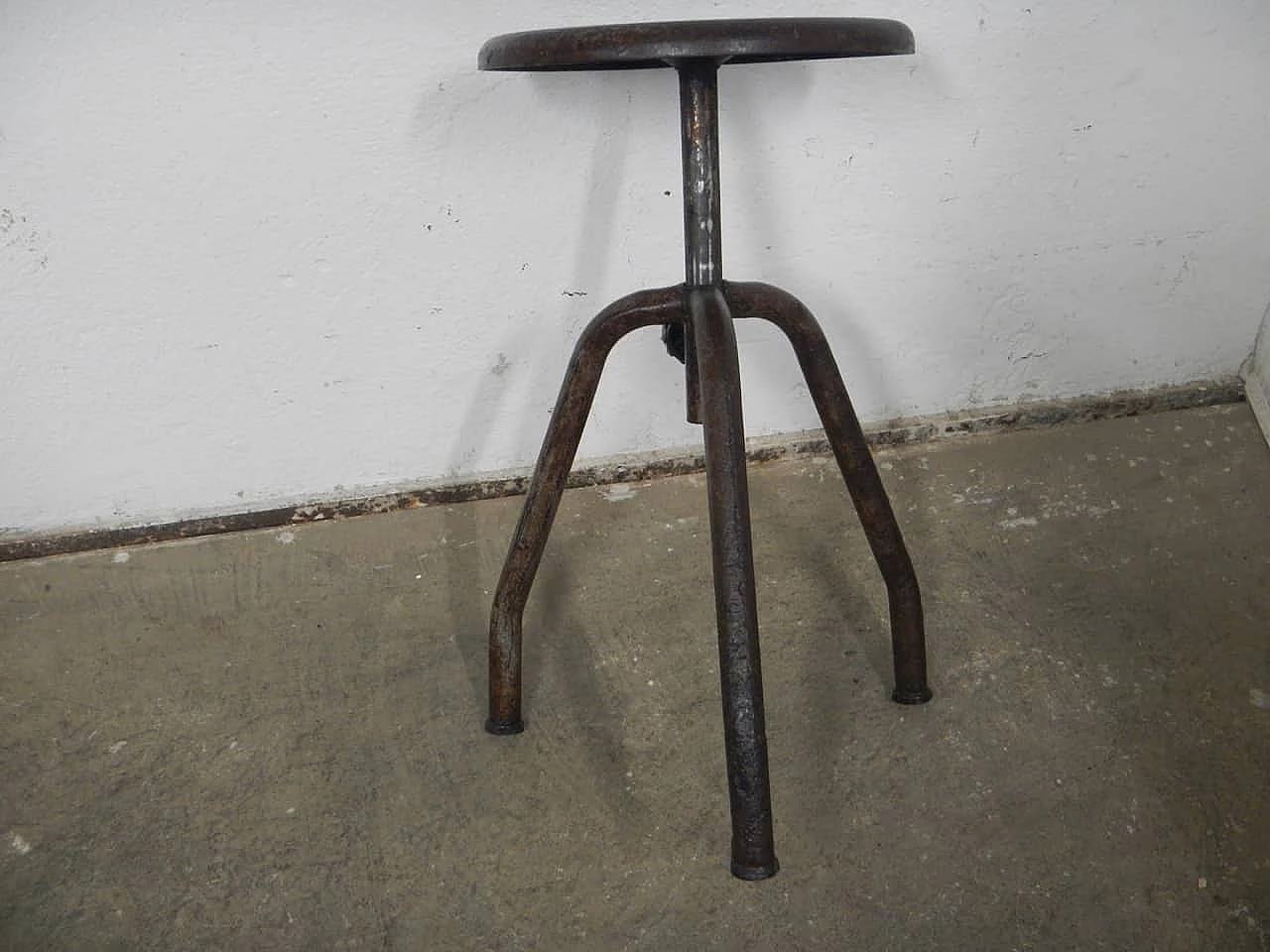 Iron workshop stool with three legs, 1950s 3