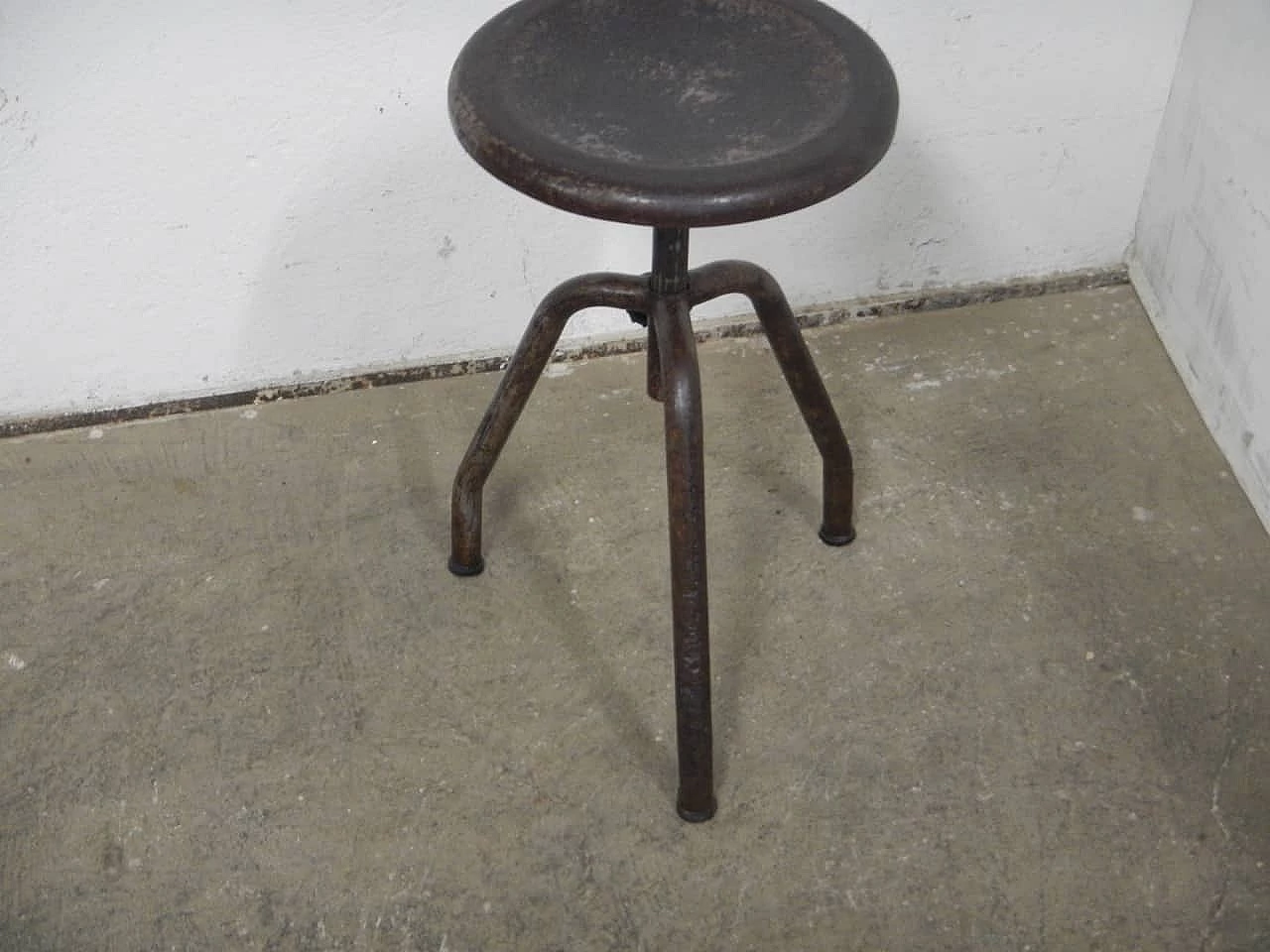 Iron workshop stool with three legs, 1950s 5
