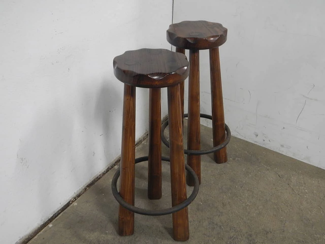 Pair of rustic spruce stools with metal footrests, 1980s 2