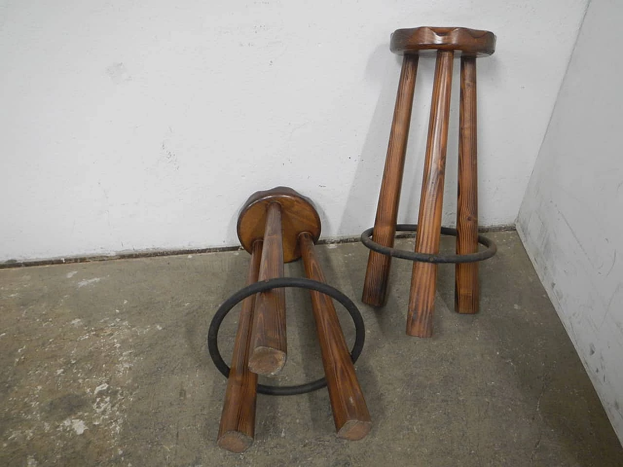Pair of rustic spruce stools with metal footrests, 1980s 3