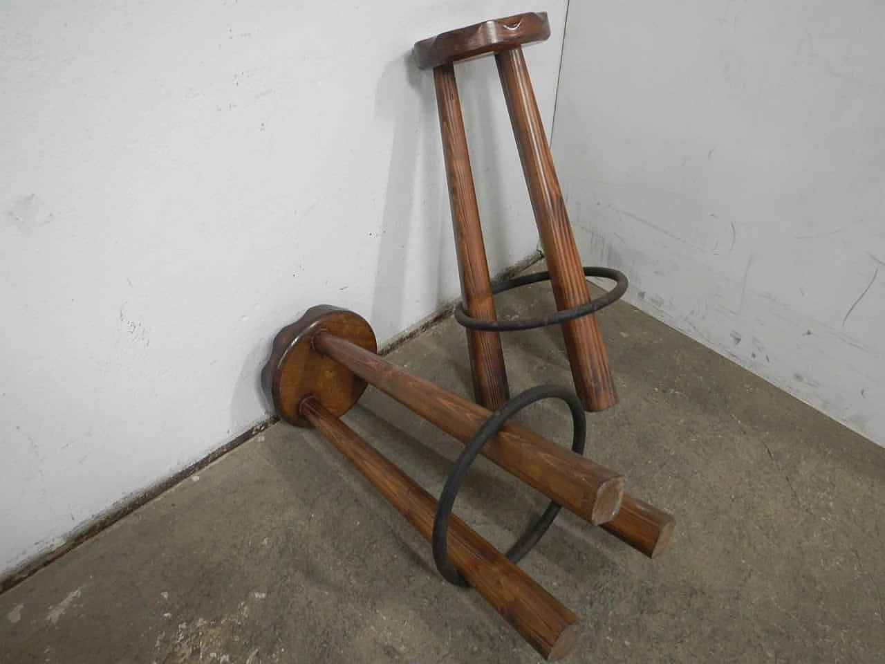 Pair of rustic spruce stools with metal footrests, 1980s 4