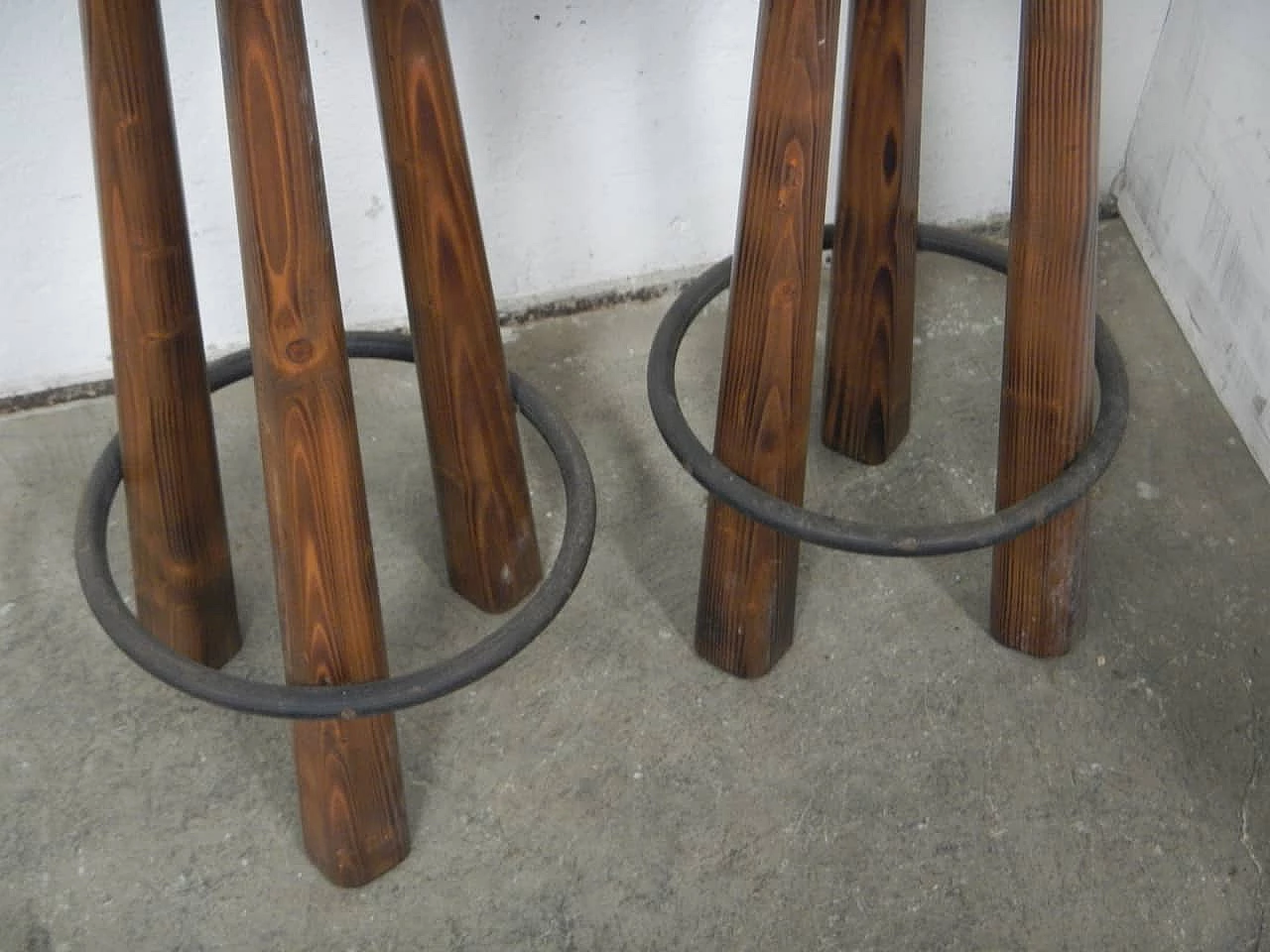 Pair of rustic spruce stools with metal footrests, 1980s 7
