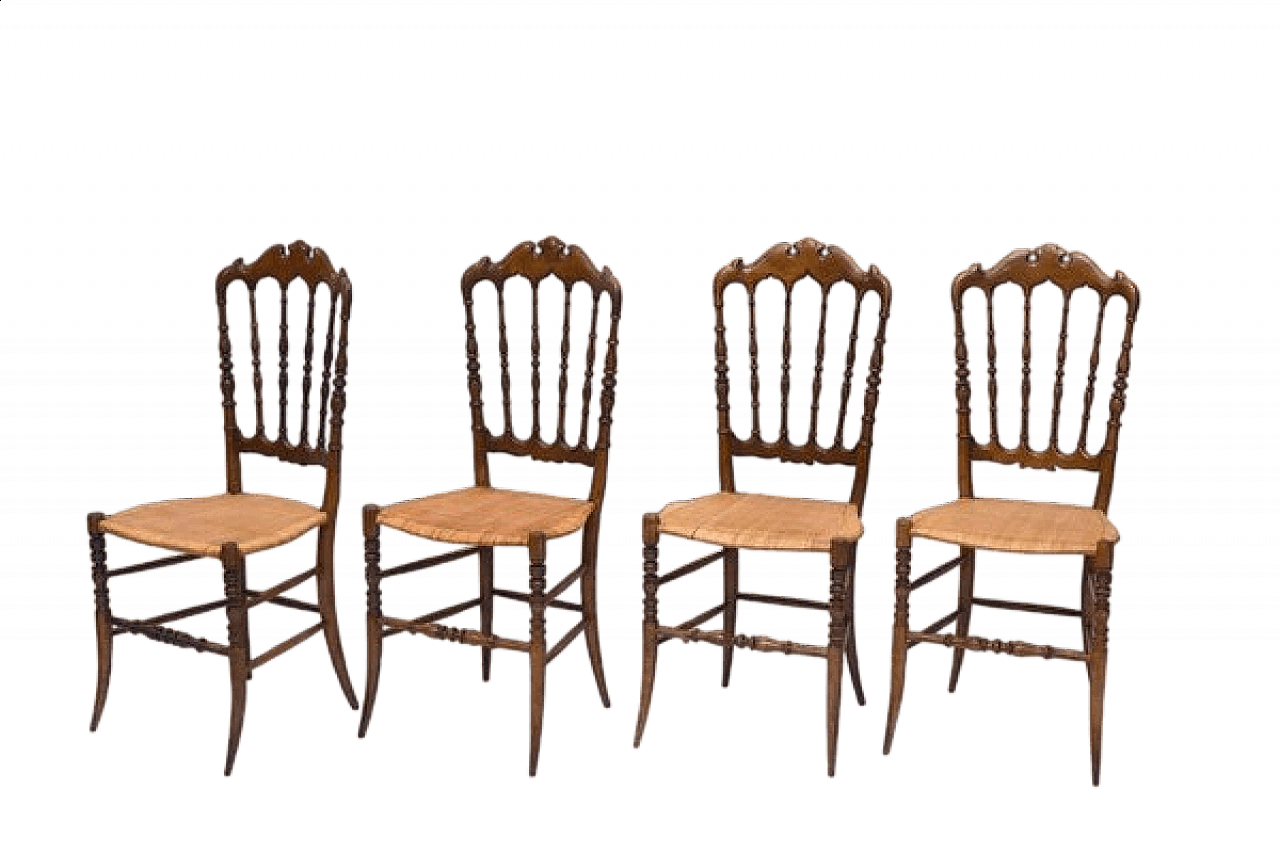 4 Chiavarina chairs in cherry wood with straw seat, 1920s 14