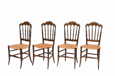 4 Chiavarina chairs in cherry wood with straw seat, 1920s