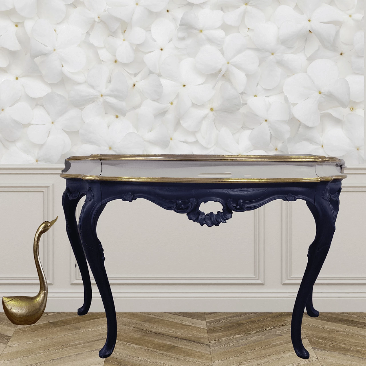 Consolle in legno blu, bianco e dorato con cassetto 1