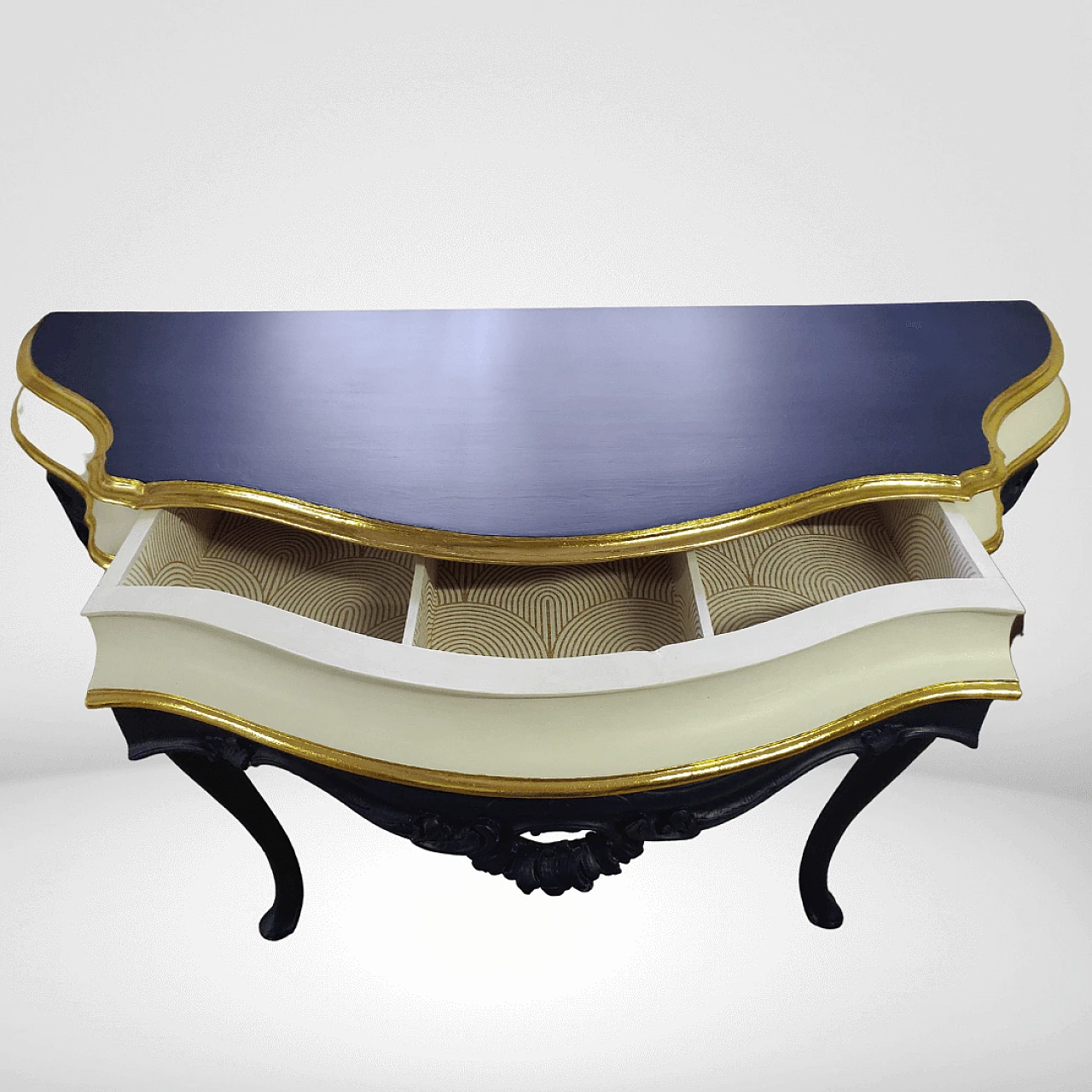 Consolle in legno blu, bianco e dorato con cassetto 2