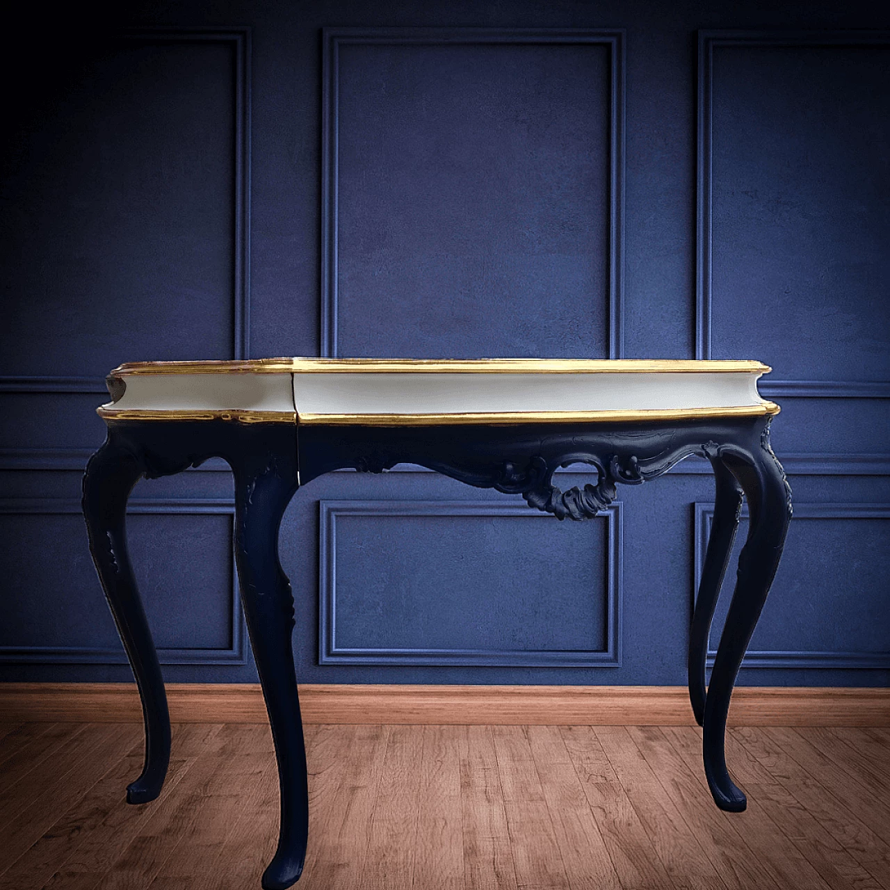 Consolle in legno blu, bianco e dorato con cassetto 3