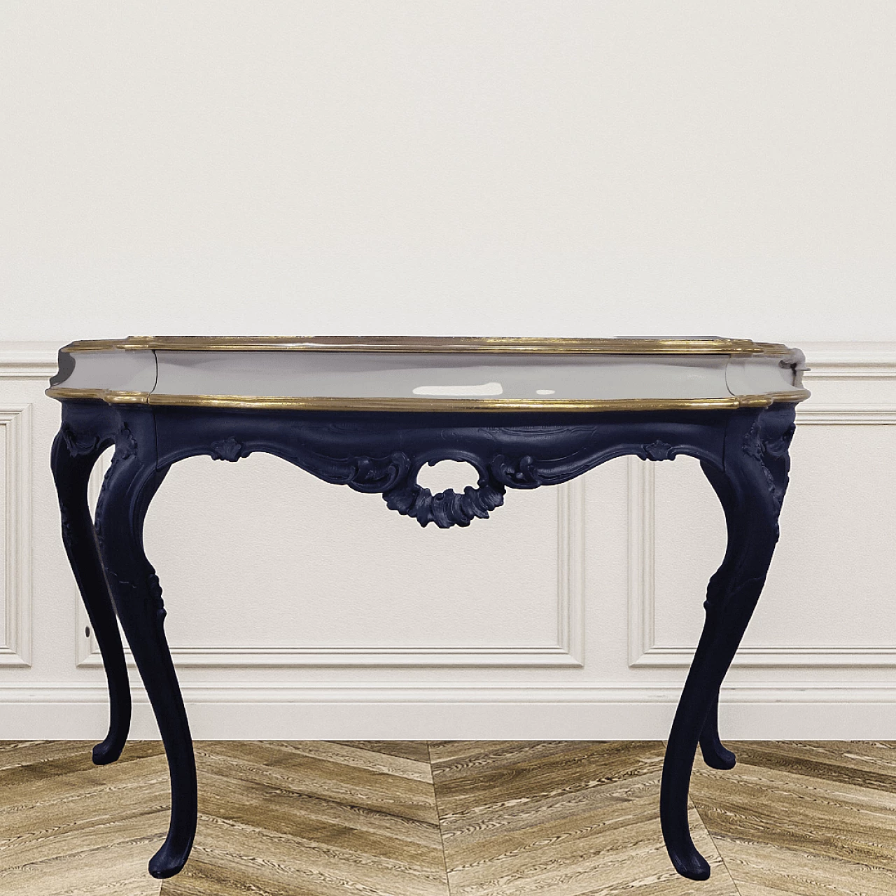 Consolle in legno blu, bianco e dorato con cassetto 4