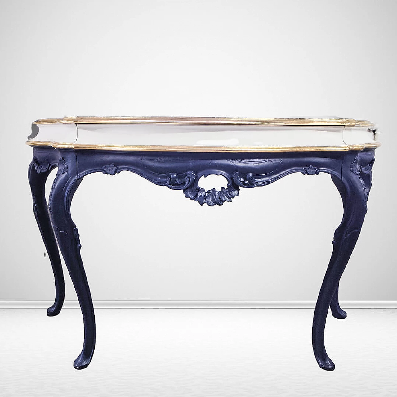 Consolle in legno blu, bianco e dorato con cassetto 5