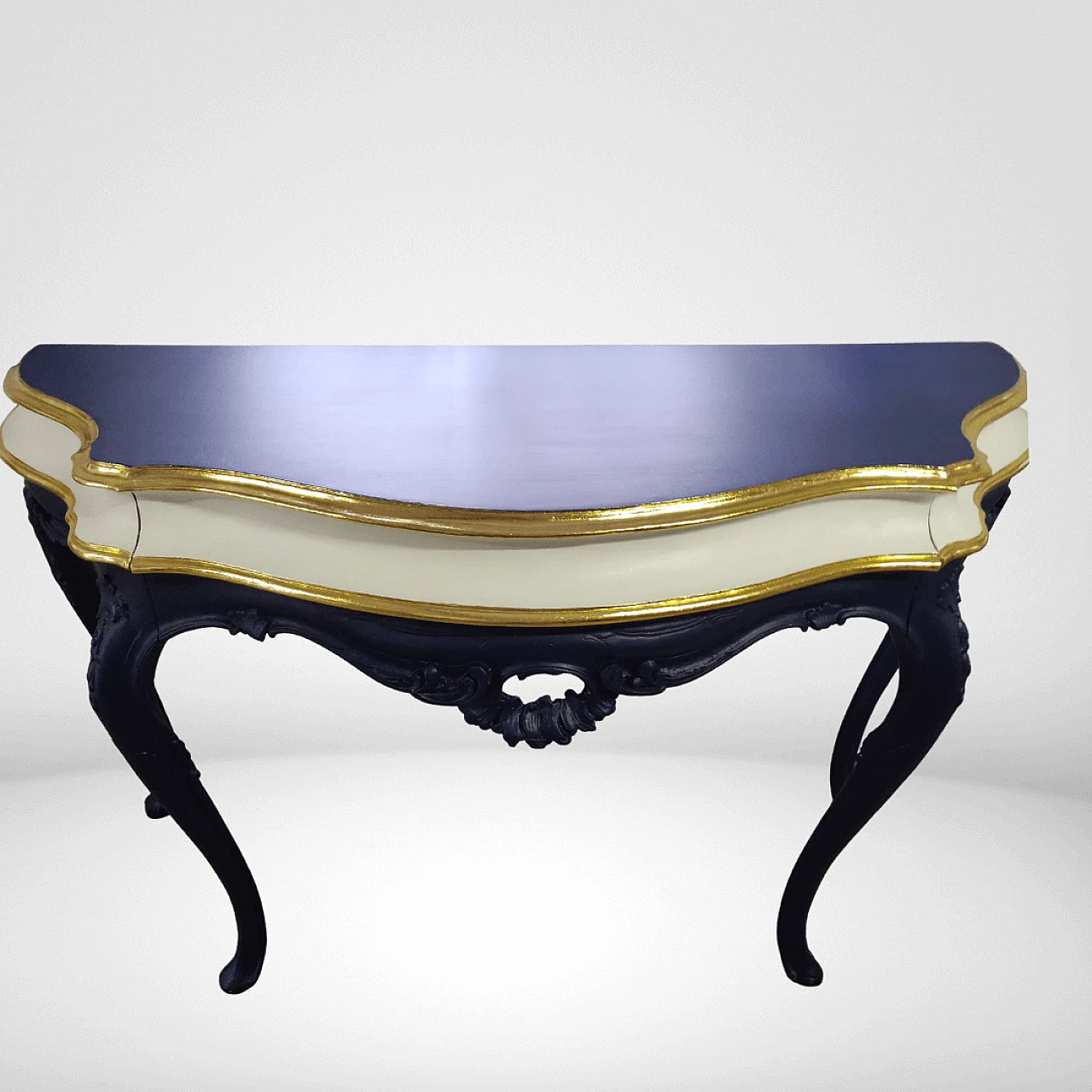 Consolle in legno blu, bianco e dorato con cassetto 7