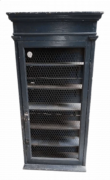 Black matte wood sideboard with metal mesh door, 1920s