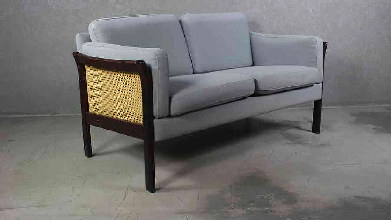 Danish rattan and stained wood sofa, 1970s 1