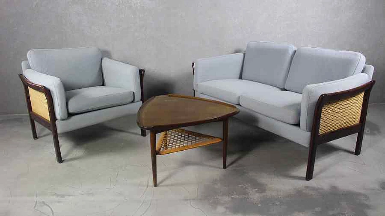 Danish rattan and stained wood sofa, 1970s 5