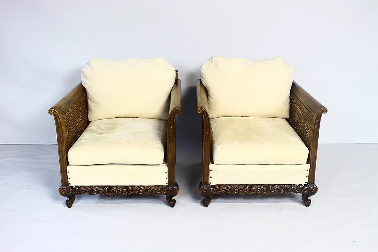Pair of armchairs with rattan armrests and backrests, 1940s 1