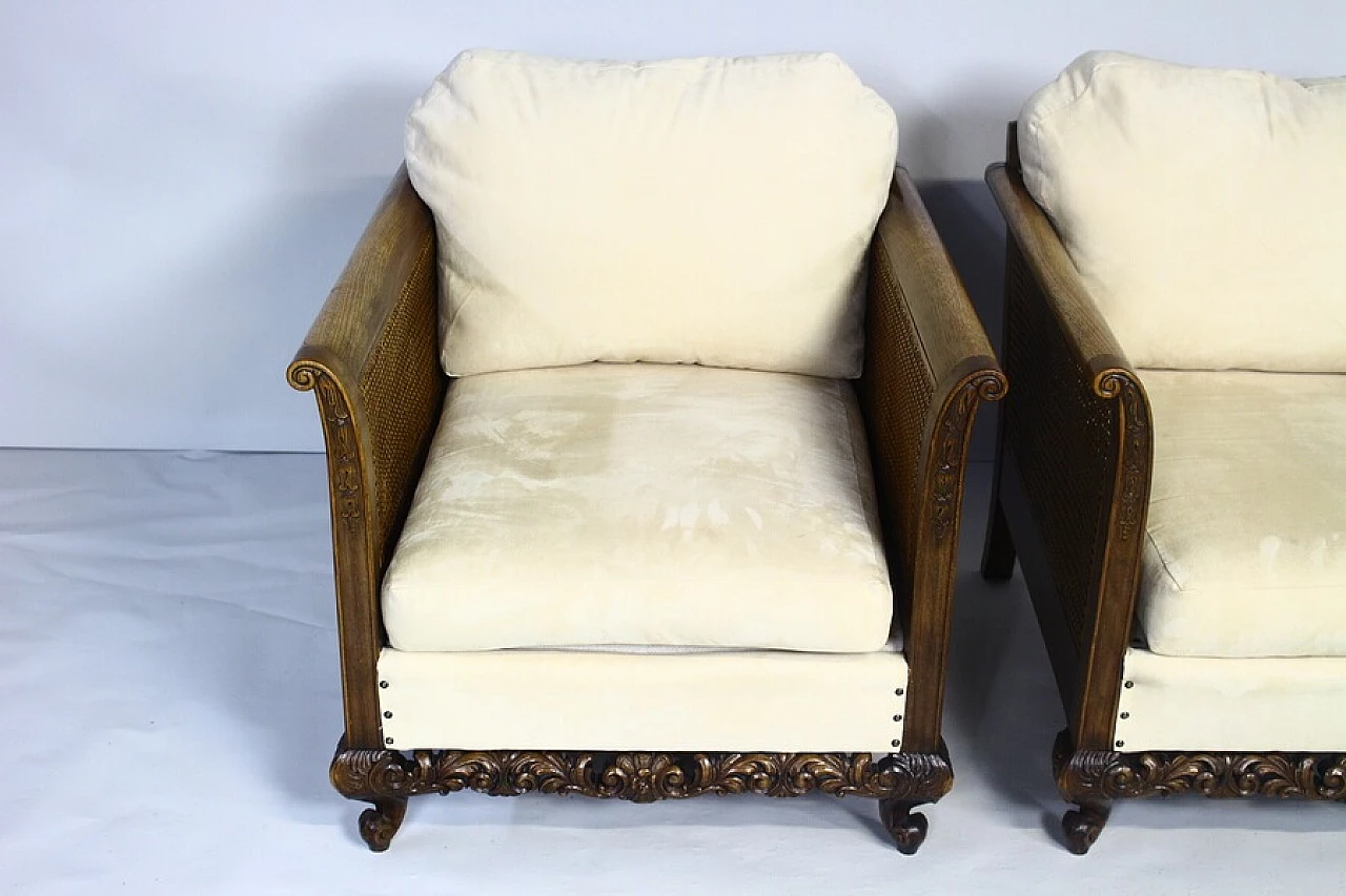 Pair of armchairs with rattan armrests and backrests, 1940s 3