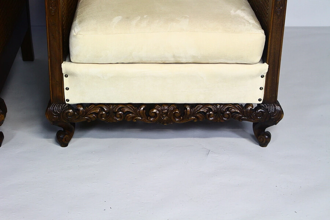 Pair of armchairs with rattan armrests and backrests, 1940s 8