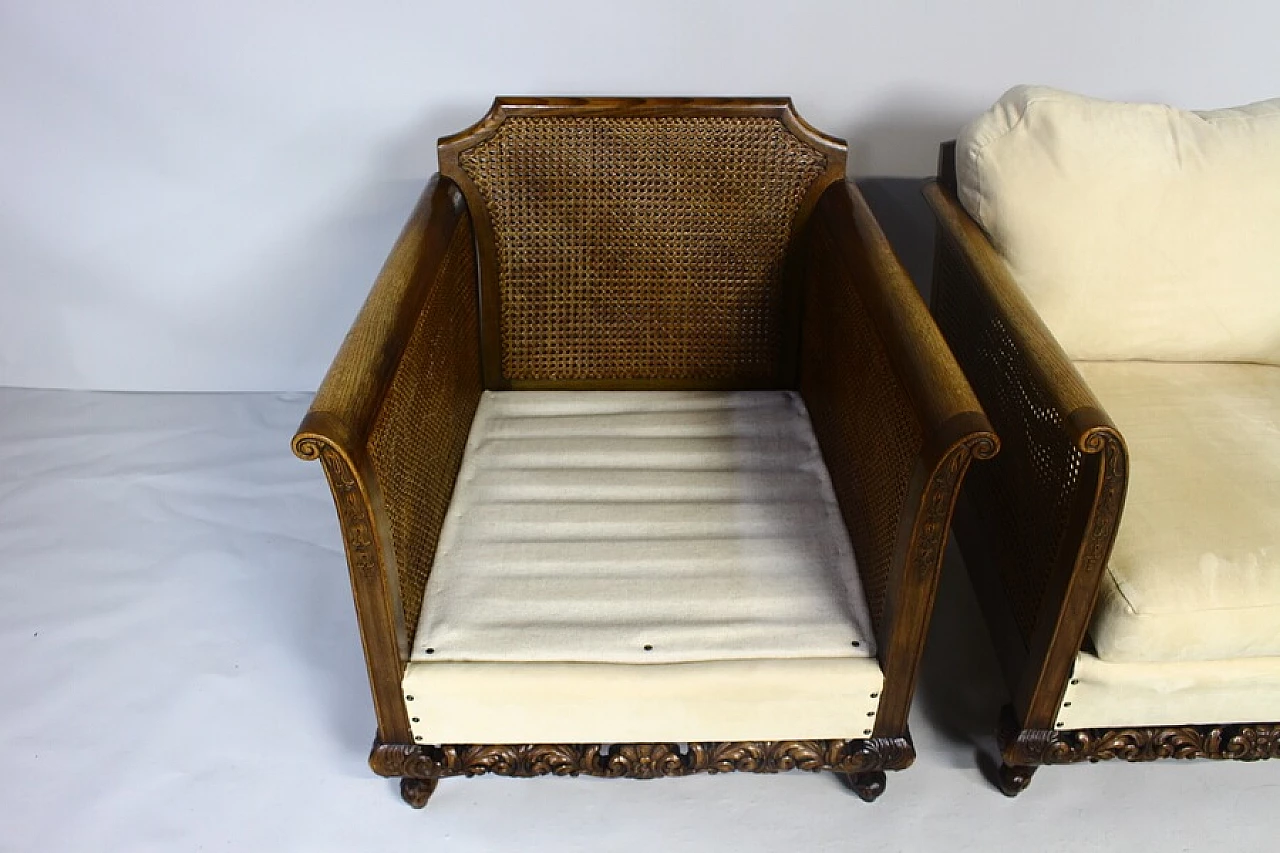 Pair of armchairs with rattan armrests and backrests, 1940s 9