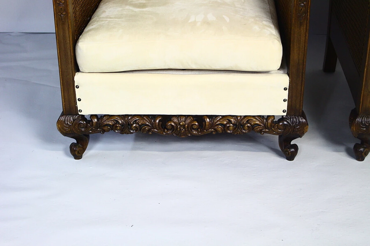 Pair of armchairs with rattan armrests and backrests, 1940s 10