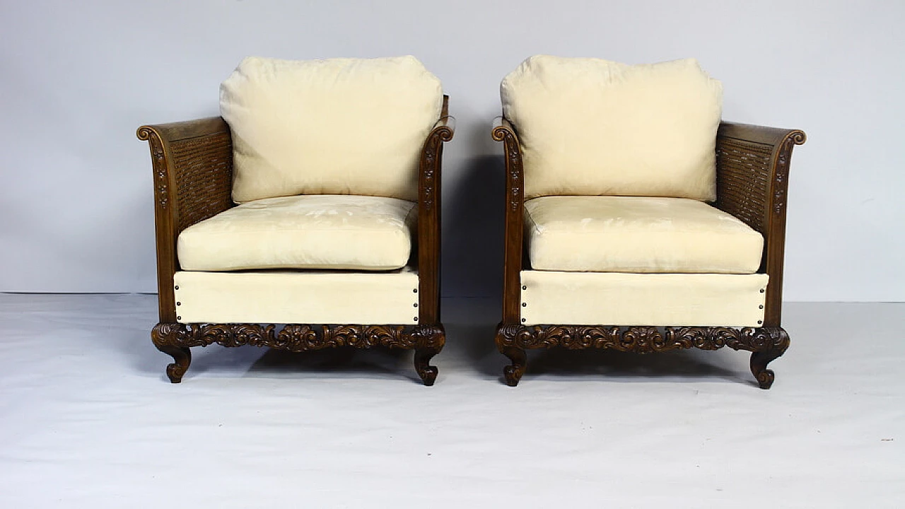 Pair of armchairs with rattan armrests and backrests, 1940s 12