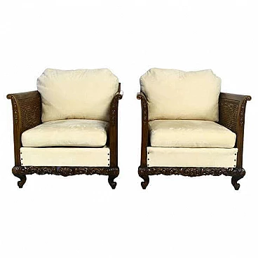 Pair of armchairs with rattan armrests and backrests, 1940s