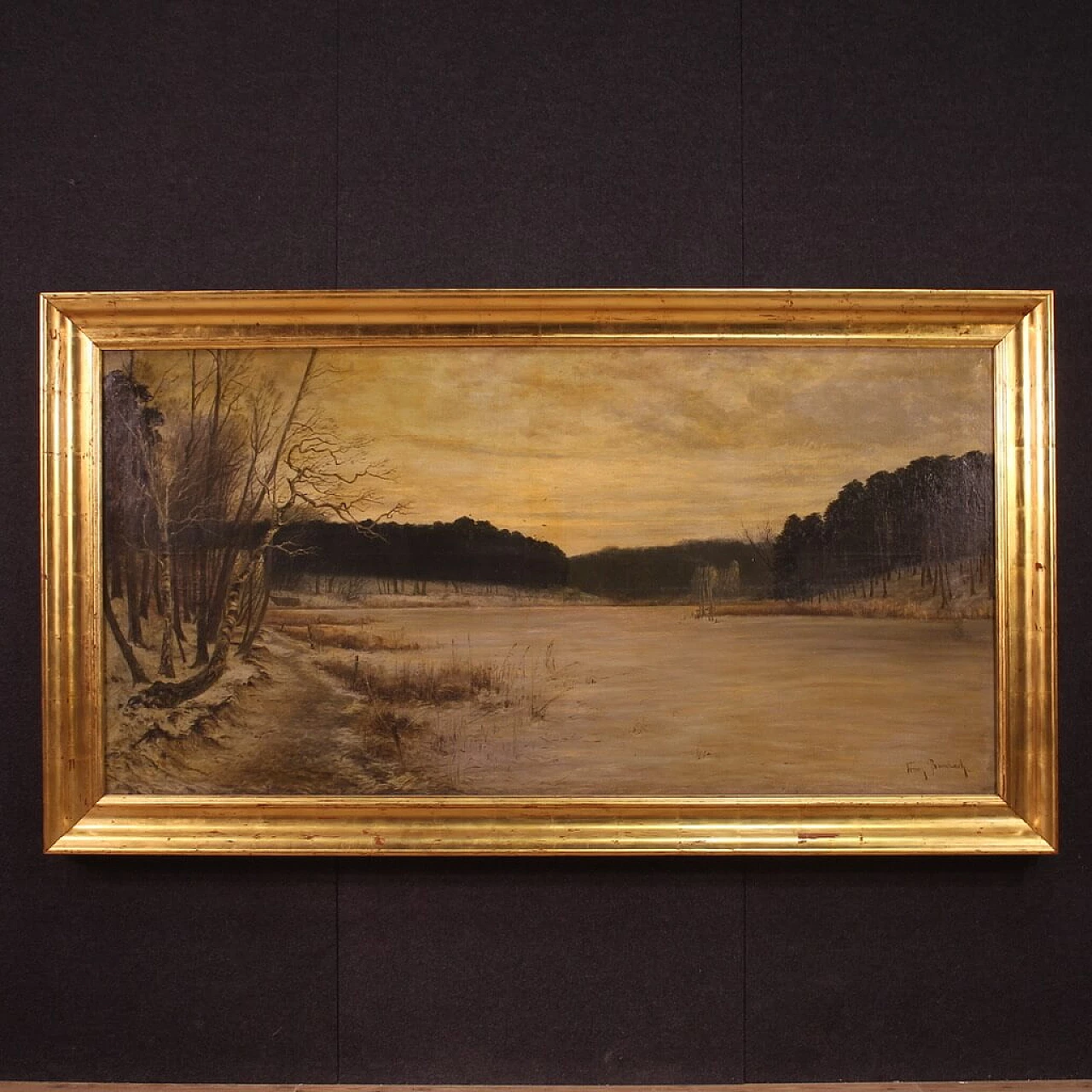 Franz Bombach, paesaggio con fiume, dipinto a olio su tela, inizio '900 1