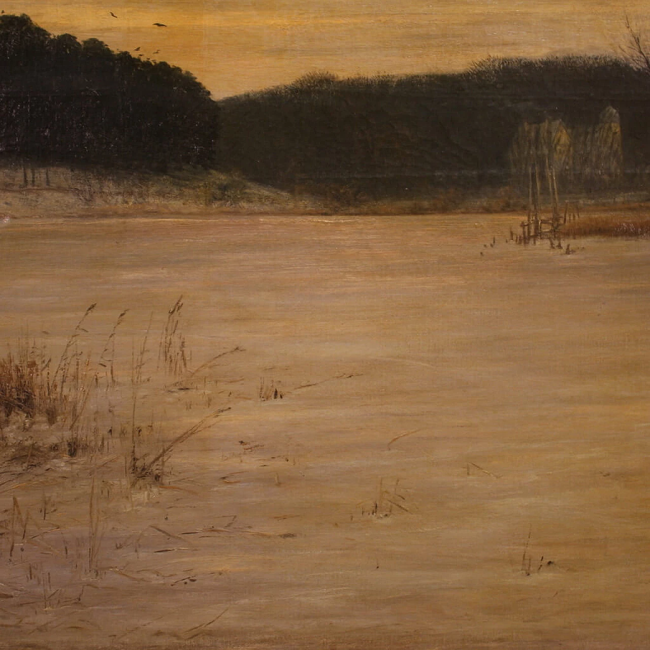 Franz Bombach, paesaggio con fiume, dipinto a olio su tela, inizio '900 3