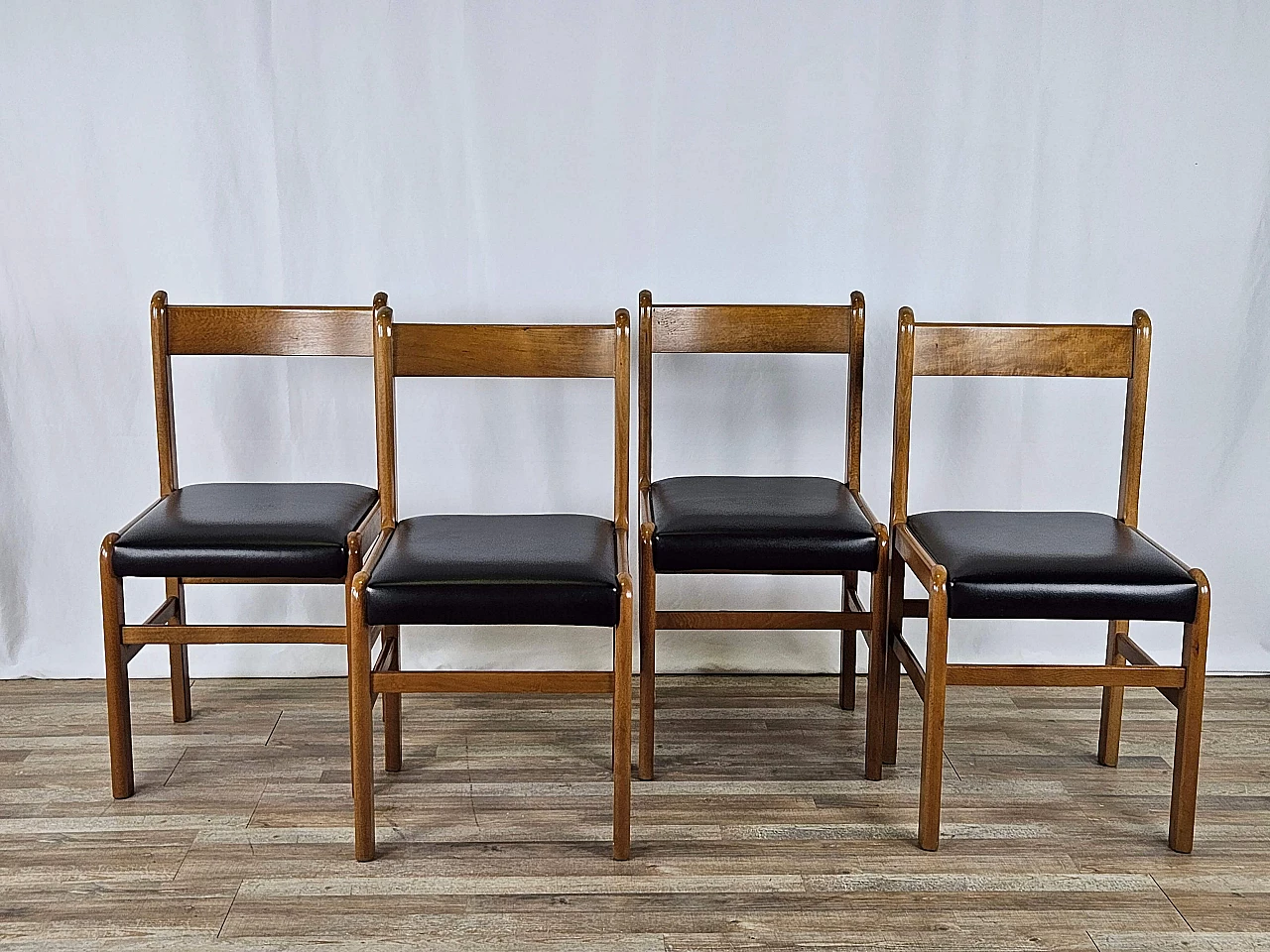 4 Beech chairs with black leather seats, 1970s 1